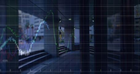 Image of financial data processing over modern building and cityscape