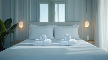 Minimalist hotel room interior with freshly made bed and folded white towels, symbolizing cleanliness, comfort, and high-quality hospitality service. Morning light through window