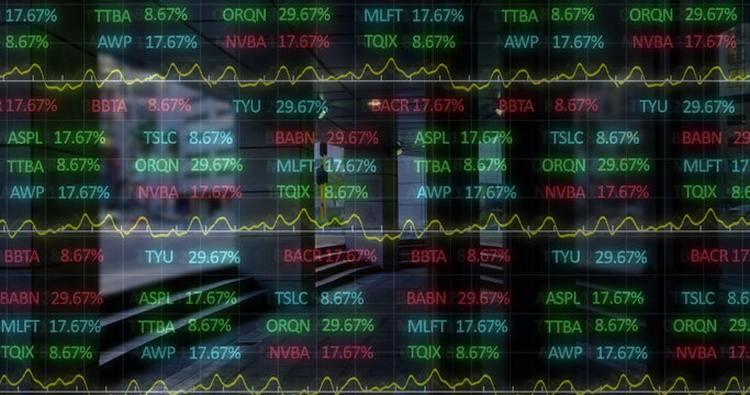 Image of financial data processing over cityscape