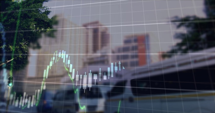 Image of financial data processing over cityscape