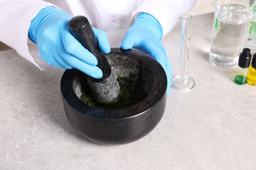 Biochemistry. Scientist working with plants and liquids at grey table, closeup