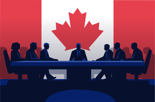 Canadian trade negotiation silhouettes meeting concept. Silhouetted figures around a conference table with a large Canadian flag backdrop. Business meeting theme