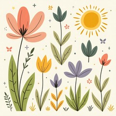 "Vibrant Spring Garden: A Playful Vector Set with Sunflowers and Tulips"
