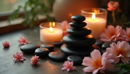 Black spa stones, candles and pink flowers arranged for peaceful wellness atmosphere