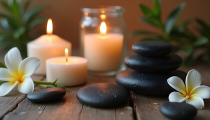 Black spa stones, candles and pink flowers arranged for peaceful wellness atmosphere