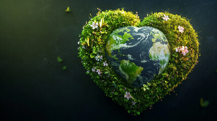 Fototapeta premium Earth Day Heart-Shaped Planet Surrounded by Lush Green Foliage and Delicate Flowers