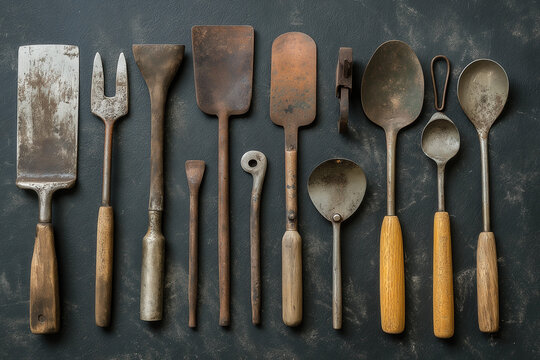 A nostalgic representation of vintage garden tools, emphasizing history and craftsmanship