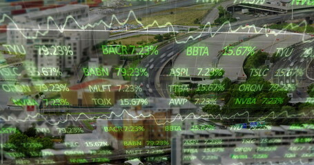 Image of financial data processing over cityscape