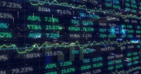 Image of financial data processing over cityscape