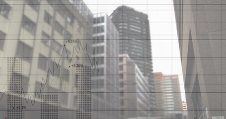 Image of financial data processing over cityscape