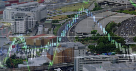 Image of financial data processing over cityscape