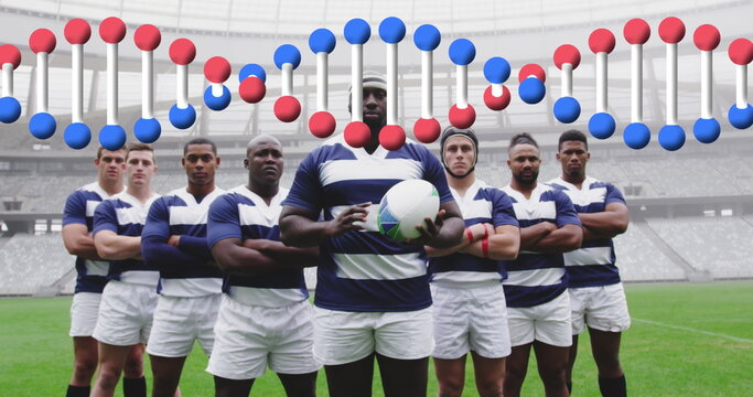 Image of dna strand over male rugby players at stadium