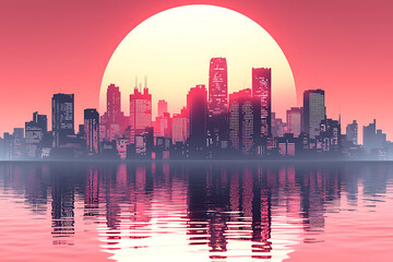 Obraz premium City skyline silhouetted against a rising sun reflected in calm water with a hazy pink atmosphere.