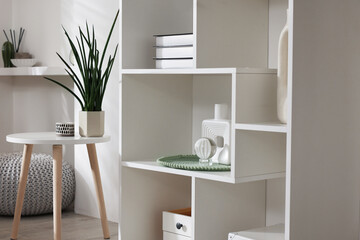 Shelving unit with decor and green houseplant on table indoors