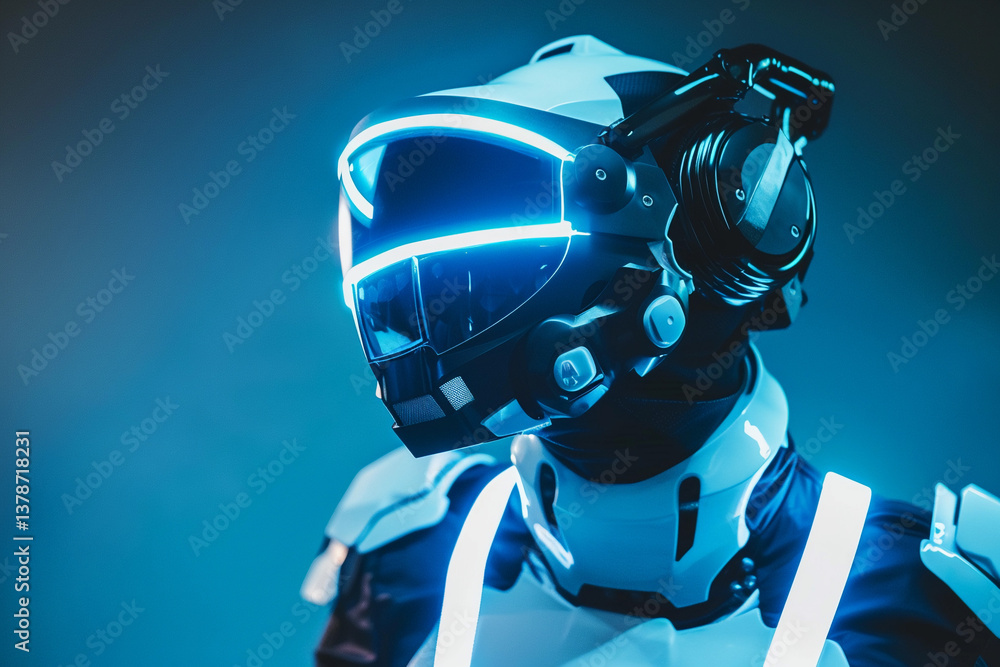 Poster Futuristic robotic figure with illuminated visor and sleek design in a dark blue setting