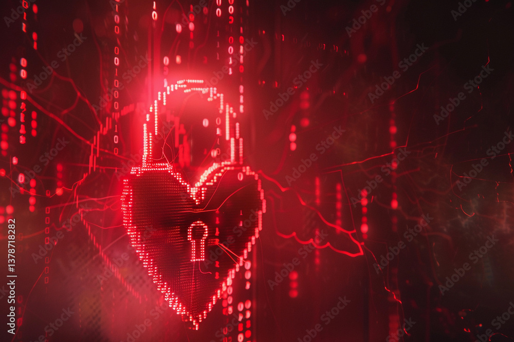 Poster digital art representing a glowing red padlock in a heart shape with binary code elements symbolizin