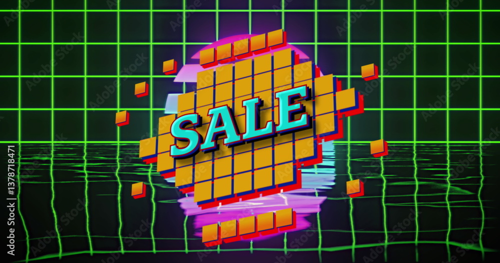 Aufkleber sale text on abstract shapes over grid network and water reflection effect on black background