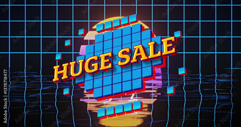 Poster huge sale text on abstract shapes over grid network and water reflection effect on black background