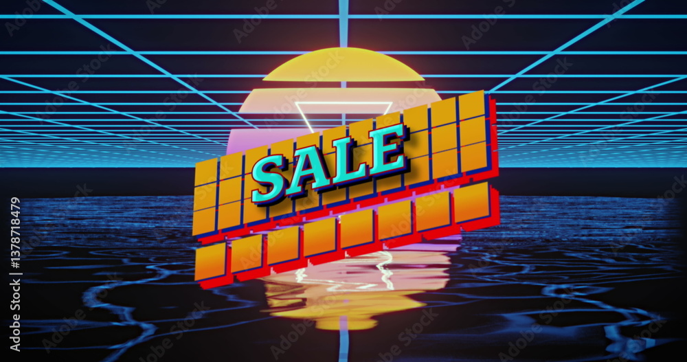 Poster image of sale text over squares and retro grid background