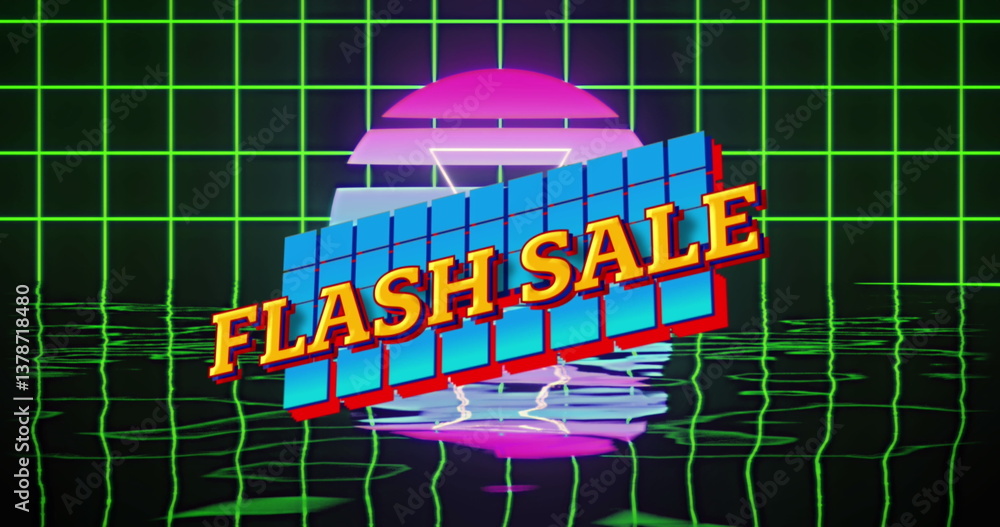 Poster flash sale text on abstract shapes over grid network and water reflection effect on black background