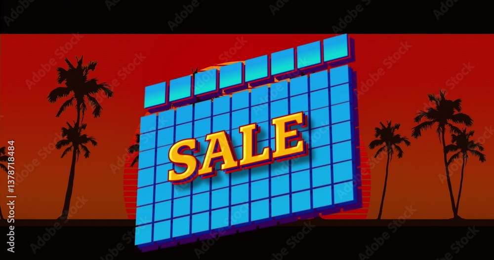 Poster sale text over abstract shapes against round banner and palm trees moving on red background