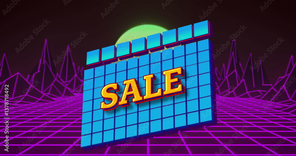 Poster sale text over abstract shapes against grid network and purple 3d structures on black background
