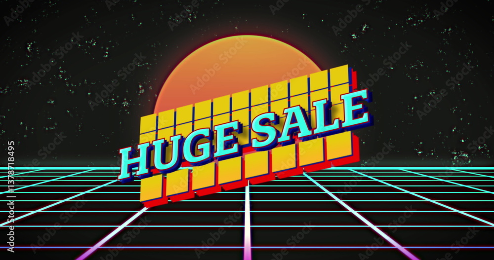 Poster image of huge sale text over squares and retro grid background