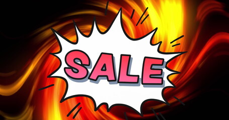 Image of sale text with flames on white background