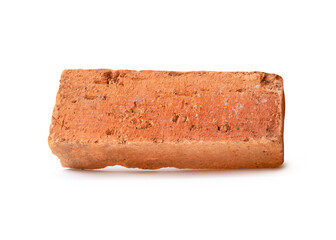 Side view of single cracked old red or orange brick isolated on white background with clipping path
