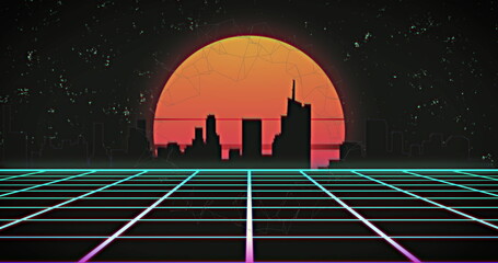 Grid network moving over and cityscape on orange round banner on black background