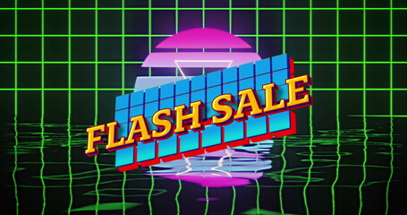 Flash sale text on abstract shapes over grid network and water reflection effect on black background
