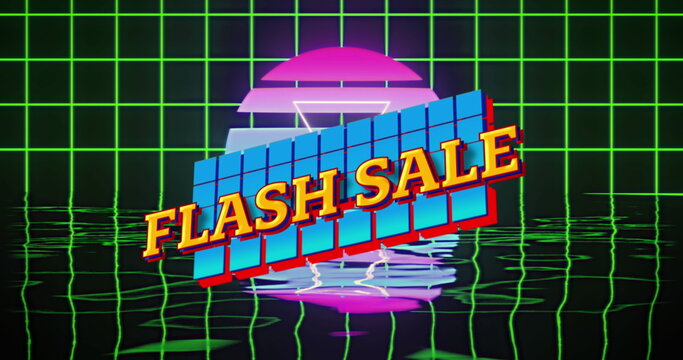 Flash sale text on abstract shapes over grid network and water reflection effect on black background - Powered by Adobe