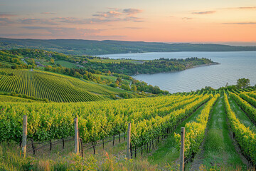 Fototapeta premium A serene depiction of Keuka Lake, highlighting its beautiful shoreline and surrounding vineyards