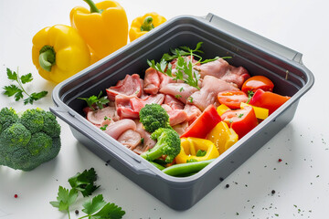 Fresh vegetables and meat prepared for cooking in a container with vibrant colors and natural ingredients