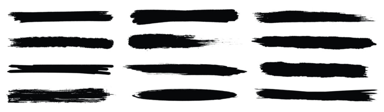 Brush line set. Vector calligraphy paint strokes. Vintage Chinese brushstrokes collection. Straight long hand drawn stripes background. Abstract black ink grungy lines, borders, emphasis underlines
