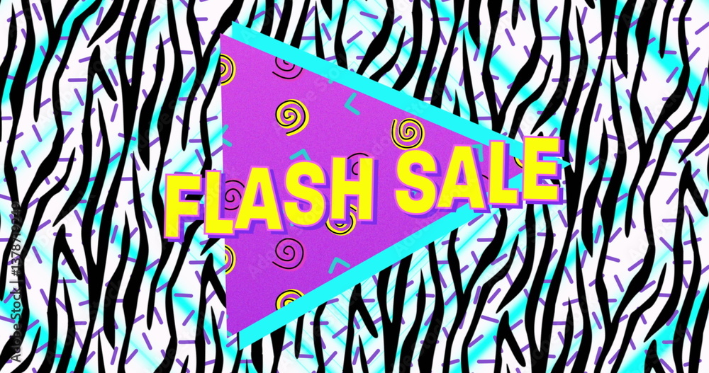 Poster digital image of flash sale text on purple banner over zebra stripes pattern on white background