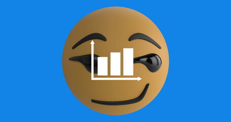 Digital image of bar graph icon over smirk face emoji against blue background