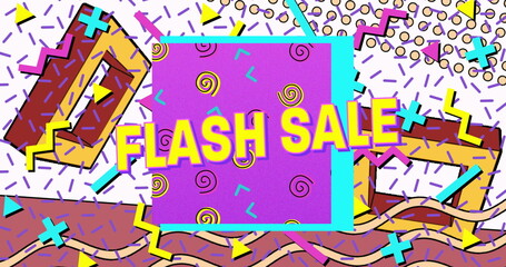 Image of flash sale text in yellow letters over brightly coloured retro pattern