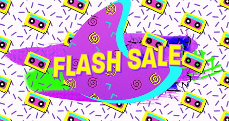 Image of flash sale text in yellow letters over brightly coloured retro cassettes pattern