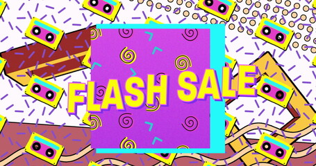 Flash sale text on purple banner against vhs tape icons in seamless pattern on white background