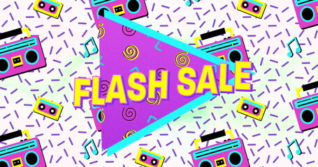 Flash sale text on purple banner against vhs tape icons in seamless pattern on white background