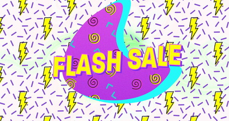 Flash sale text on purple banner against thunderbolt icons in seamless pattern on white background