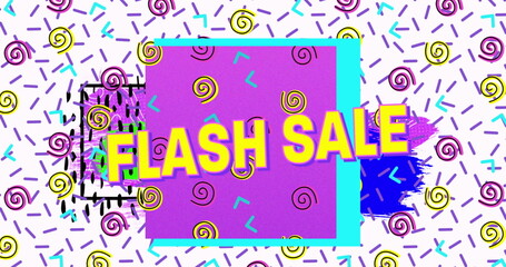 Image of flash sale text in yellow letters over brightly coloured retro pattern