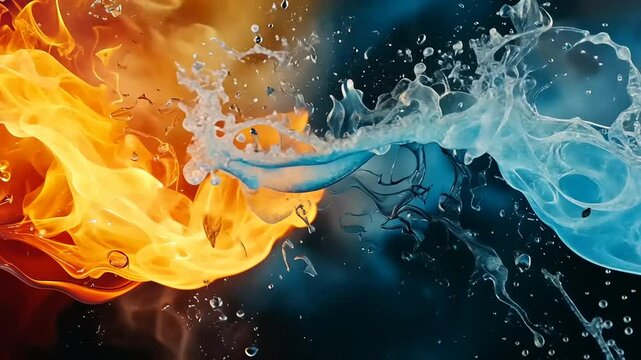 A dynamic clash of fire and water, showcasing vibrant colors and fluid motion in a dramatic backdrop