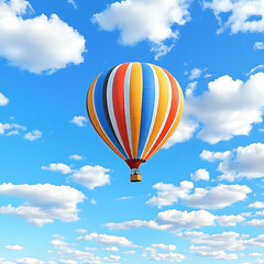 Fototapeta premium Vibrant striped hot air balloon floats gently through a bright blue sky dotted with fluffy white clouds.