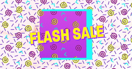 Flash sale text on purple banner against abstract colorful shapes on white background