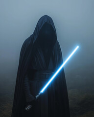 Illustration of a Star Wars fan in a realistic Jedi costume, holding a glowing blue lightsaber in a foggy