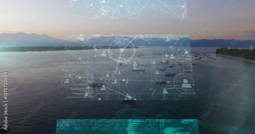 Poster digital image of data processing over a scenic sky