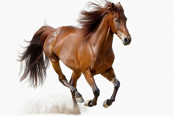 Brown horse running freely across a sandy landscape under bright sunlight in open space