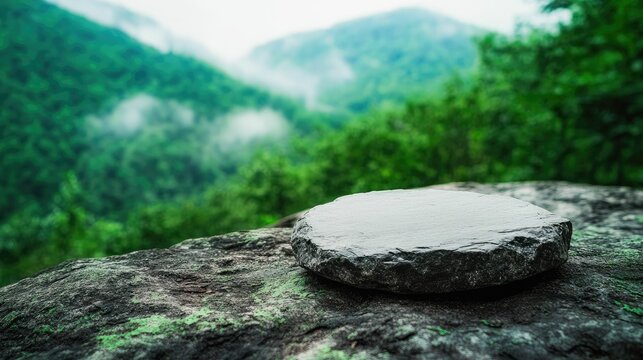 Stone podium product display with mountain forest scenic nature landscape